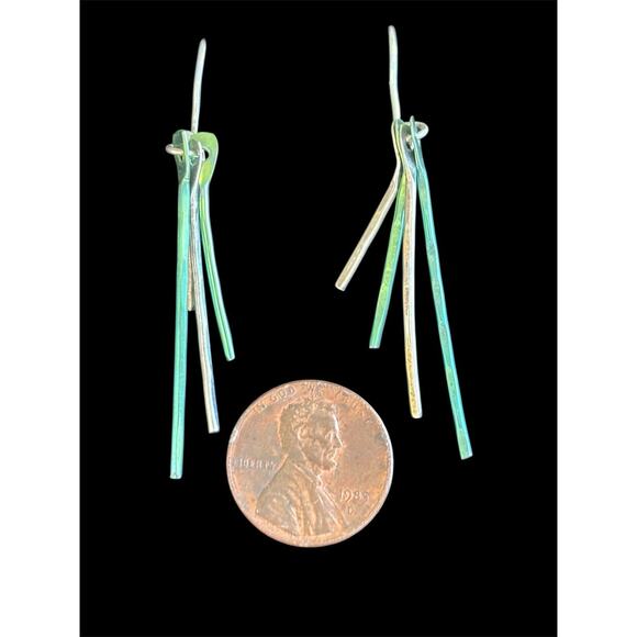 Sterling Silver & Green Fringe Dangle Earrings 925 - Picture 2 of 4